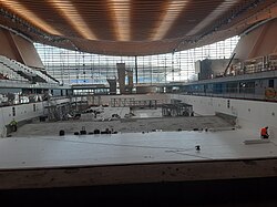 Vue intérieure du Centre aquatique olympique pendant sa construction.