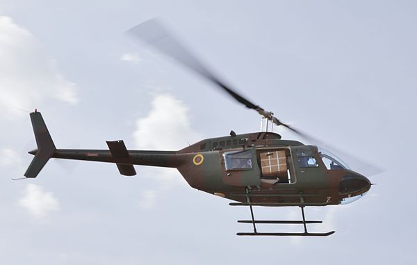 A Cameroonian Bell 206 flies over Koutaba during exercise Pathfinder 2014
