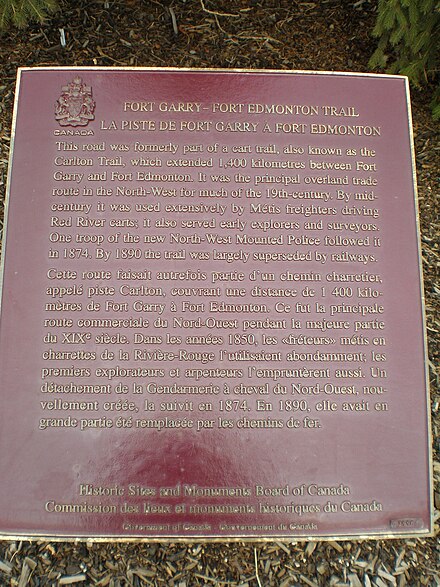 A Historic Sites and Monuments Board of Canada plaque installed in 1996 in Edmonton to commemorate the Fort Edmonton-Fort Gary Trail.