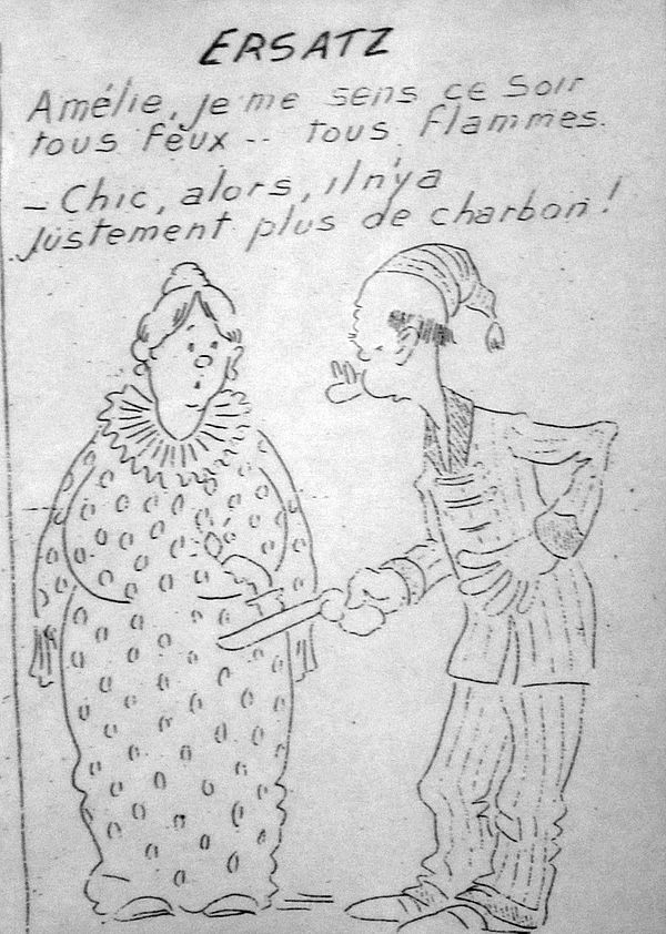 Contemporary cartoon satirising fuel shortages in occupied Belgium. The man is saying: "Amélie, I feel...all fired up" to which the woman replies "Gre
