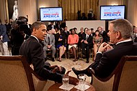 President Barack Obama with Gibson in the East Room of the White House during ABC News's Prescription for America "town-hall"-style conversation on health care, June 24, 2009. Charles Gibson President Obama Prescription for America.jpg