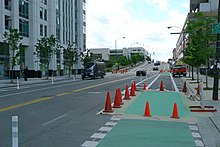 Cycling infrastructure being placed in Chicago, Illinois Chicago Bicycle Program 01.jpg