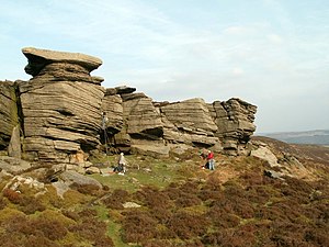 Climbers on Gun Buttress, Bamford Edge