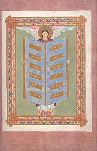 Engel met een tafel, waarop de tekst "Mensen, gelooft het woord van de man Matteüs, zodat Hij over Wie hij spreekt, de Man Jesus, U beloont", folio 21 recto.