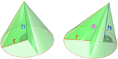 Прав и наклонен кръгови конуси с равни основи и височини имат еднакви обеми.