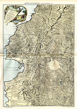 Mapa de la parcialidad occidental de la Real Audiencia de Quito (1750), de su autoría /Map of the West coast of Quito made by P. V. Maldonado (1750).