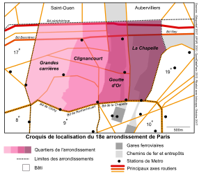 Croquis de localisation des Grandes Carrières, des quartiers du 18e arrondissement de Paris et de ses principales infrastructures de transport.