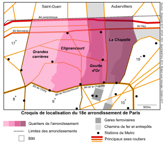 Schizzo dell'ubicazione del 18 ° arrondissement di Parigi, dei suoi quartieri e delle sue principali infrastrutture di trasporto.