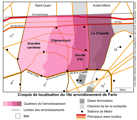 Skitse af placeringen af ​​det 18. arrondissement i Paris, dets distrikter og dets vigtigste transportinfrastrukturer.