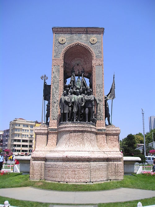 The Republic Monument (1928) at Taksim Square in Istanbul, crafted by Pietro Canonica. The people standing behind Mustafa Kemal Atatürk, founder of th