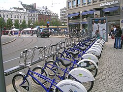 A rental bicycle station in the city center.