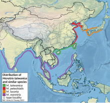 Distribution of morphologically similar Meretrix species Distribution of Meretrix taiwanica per Hsiao et Chuang 2023.svg