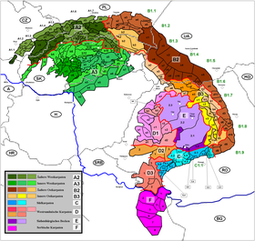 Carte des subdivisions des Carpates avec les monts Parâng en C4.