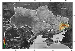 Донецький кряж на мапі України (виділено кольором, між Донецьком і Луганськом)