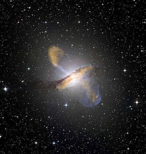 The starburst galaxy Centaurus A, with its plasma jets extending over a million light years, is considered as the closest active radio galaxy to Earth