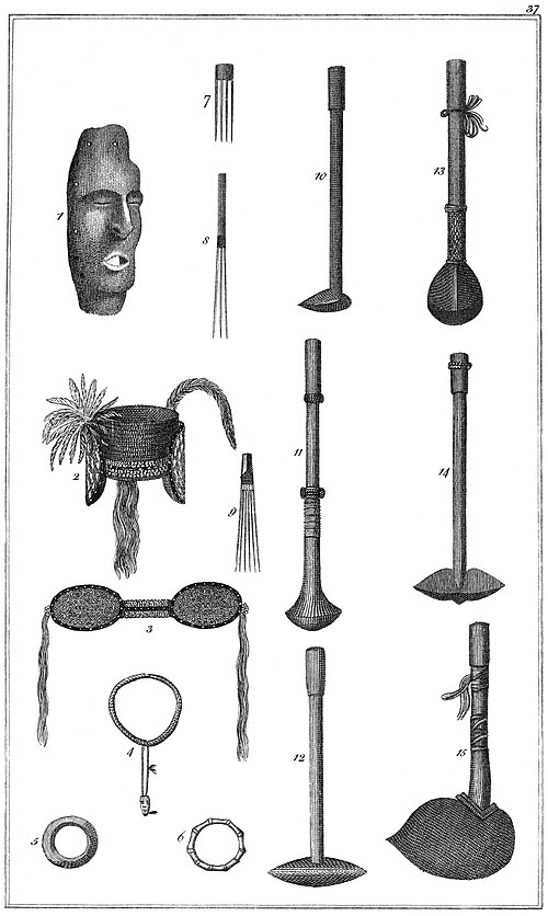 Engravings of a mask, headdress, bracelets, and several clubs
