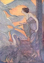 She looked around, and saw swans come flying through the air, Six Swans for Grimm's Fairy Tales, 1920[28]