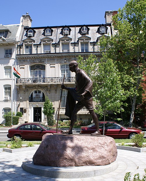 The Indian Embassy building with the Mahatma Gandhi Memorial in the foreground.