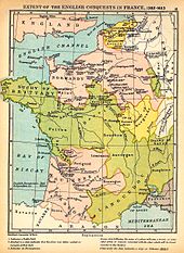 Territoires respectivement sous domination anglaise et française en 1382 (guerre de Cent Ans).