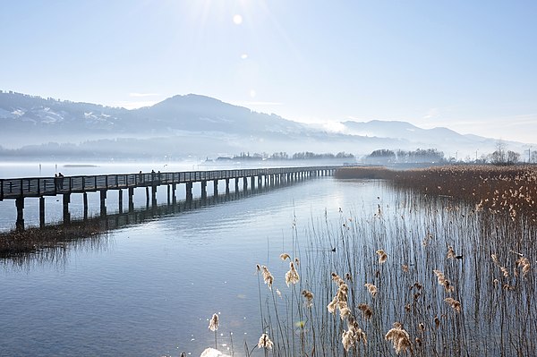 Modern wooden bridge on Obersee between Rapperswil and Hurden, near the site of the ancient bridges