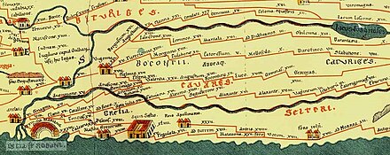 Extrait de la Table de Peutinger, datant du IVe siècle, concernant l'actuel sud-est de la France. La Grave, non mentionnée, est le long d'une des voies romaines, près de la station Durotinco, proche du territoire des Caturiges.
