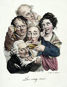 Five people, each exercising one of the five senses. Coloured lithograph after L.-L. Boilly. Five people, each exercising one of the five senses. Coloure Wellcome L0028330.jpg