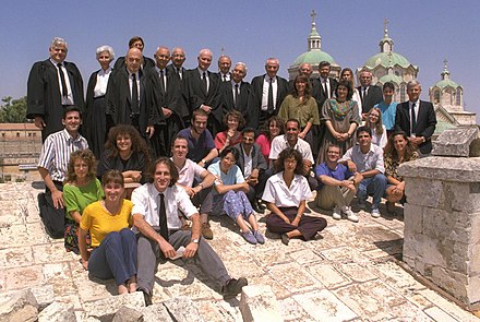 The Israel Supreme Court justices and their law clerks on the roof of the old supreme court building at the Russian Compound in Jerusalem