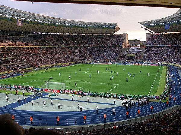 A scene inside the Olympiastadion during the first half of the match.