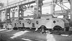 Locomotive frame of a LNER Gresley Pacific locomotive during construction Frames in position, Pacific construction at Doncaster works (CJ Allen, Steel Highway, 1928).jpg