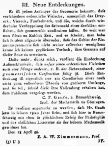 Publication by C. F. Gauss in Intelligenzblatt der allgemeinen Literatur-Zeitung Gauss 17-Eck.gif