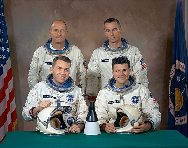 Gemini 9 original prime crew (front row, L-R) Elliott See, Charles Bassett; and backup crew (back row, L-R) Tom Stafford, Gene Cernan