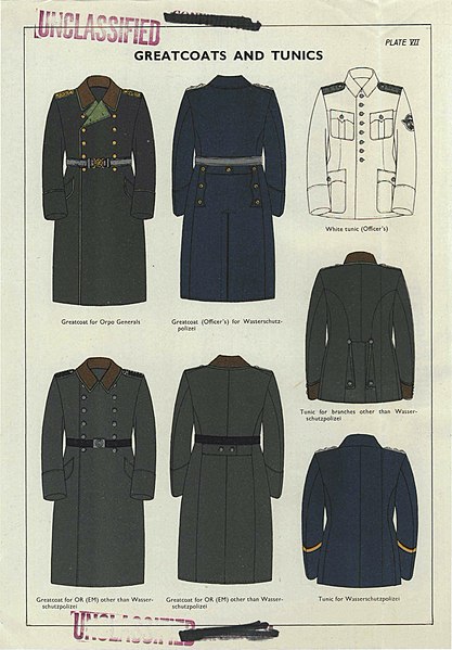 File:German Police (Nazi Germany WW2) Supreme Headq. Allied Expedit. Force SHAEF April 1945 Pl. 7 Uniforms Greatcoat Tunic Mantel Waffenrock Ordnungspolizei Orpo Schutzpolizei Schupo Wasserschutzpolizei No known copyright.jpg