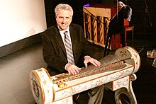 Dennis James plays the Franklin Glass Armonica at the Poncan Theatre in Ponca City, Oklahoma on April 2, 2011. Glass Harmonica at Poncan Theatre.jpg