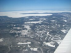 Goulais River from the air, with Goulais Bay (Lake Superior) in the background