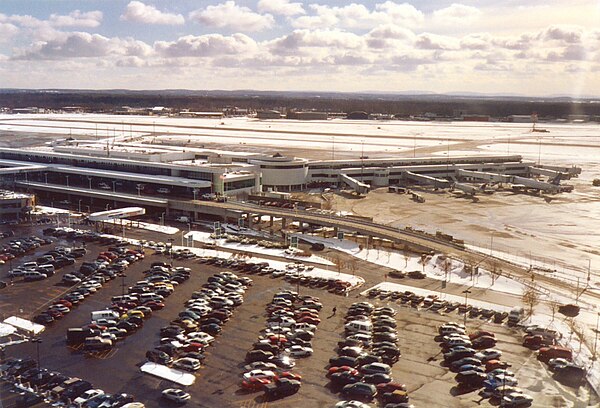 ROC's passenger terminal seen from an approaching aircraft in December 2005