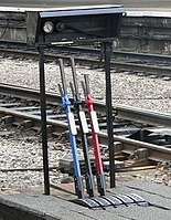 A ground frame contains a few levers for manually operating nearby points: Blue lever: Release Black lever: Points Red lever: Signal