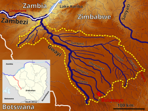 Shangani River in the Gwayi River catchment (center) Gwayi Basin OSM.svg