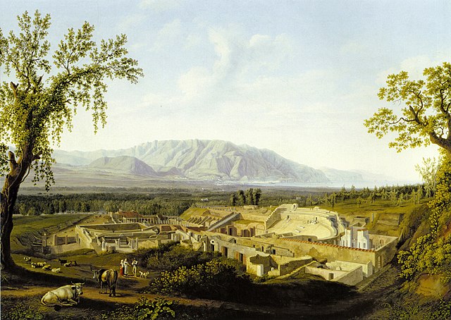 "מבט על הריסות פומפיי", ציור שמן על קנבס, מעשה ידי יאקוב פיליפ האקרט, 1799. הציור מתאר את שרידיה של העיר פומפיי, וברקע הר הגעש וזוב.