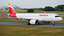 Iberia Airbus A320neo Hamburg Airport Iberia Airbus A320-251N EC-NTP (DSC03416).jpg