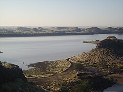 The reservoir of the Hardap Dam on the ephemeral Fish River in Southern Namibia is the largest in the country. HardapDam.JPG