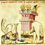 Représentation médiévale d'un éléphant de guerre (enluminure du XIVe siècle).