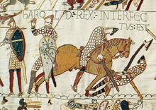 Scene from the Bayeux Tapestry depicting the death of King Harold at the Battle of Hastings Harold dead bayeux tapestry.png