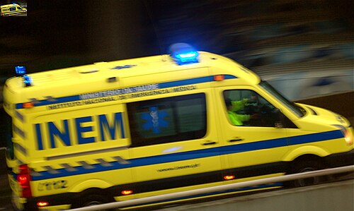 INEM's ambulance speeding in response to a medical emergency in Lisbon. Health emergency car speeding in Lisbon.jpg