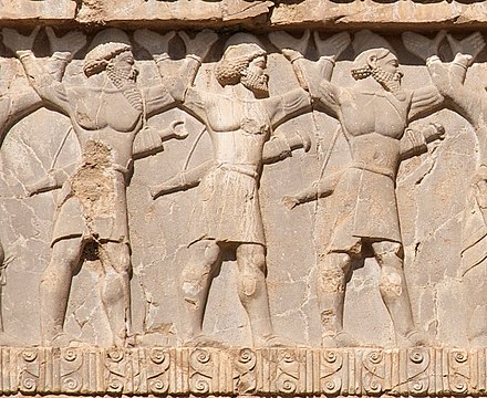 Ancient Indian warriors (from left to right: Sattagydian, Gandharan, Hindush) circa 480 BC. Naqsh-e Rostam reliefs of Xerxes I.