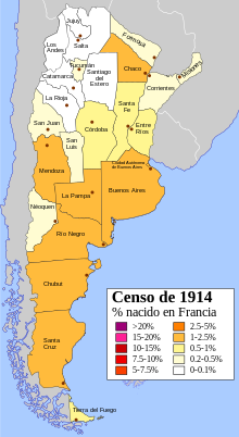 Percentage of French immigrants within Argentina's subdivisions, according to the 1914 Argentine census Inmigrantes franceses en Argentina (1914).svg