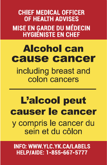 A warning label applied to alcohol containers in the Yukon, Canada (see Northern Territories Alcohol Labels Study) Intervention alcohol warning label, Cancer warning 5.0 cm x 3.2 cm.png