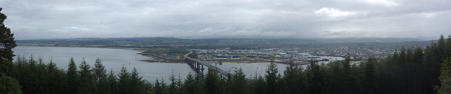 Panorama of Inverness from the Black Isle, with Moray Firth to the left and Kessock Bridge in the centre