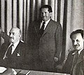 Israel's Cabinet Secretary Ze'ev Sherf reporting to President Chaim Weizmann and to Knesset Speaker Yosef Sprinzak c. 1952 (cropped).jpg