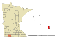 Jackson County Minnesota Sisällytetyt ja rekisteröimättömät alueet Jackson Highlighted.svg