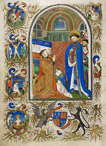 John of Lancaster, 1st Duke of Bedford, Knight of the Garter, kneels before Saint George who wears the blue mantle of the Order of the Garter. Illuminated miniature from the Bedford Hours, formerly in the Duke's private library
